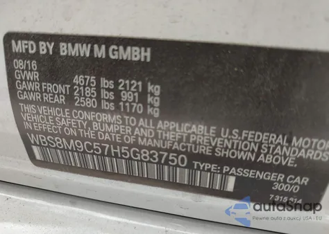 2017 BMW M3 z USA, uszkodzony, nr VIN WBS8M9C57H5G83750